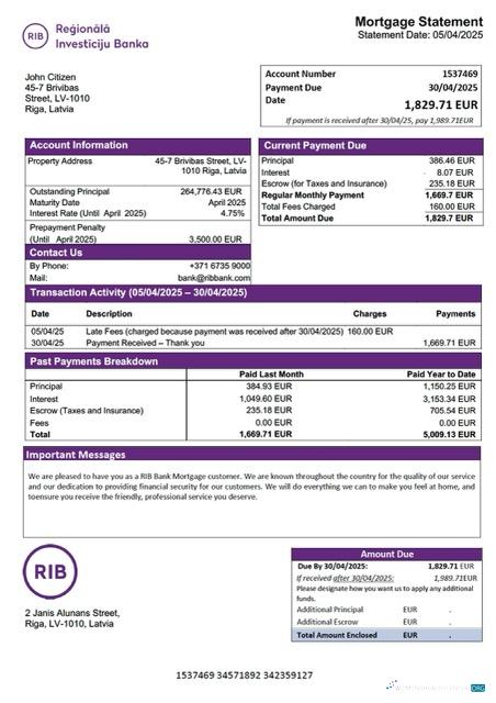 Download Latvia RIB Bank mortgage statement Word and PDF template Photoshop template